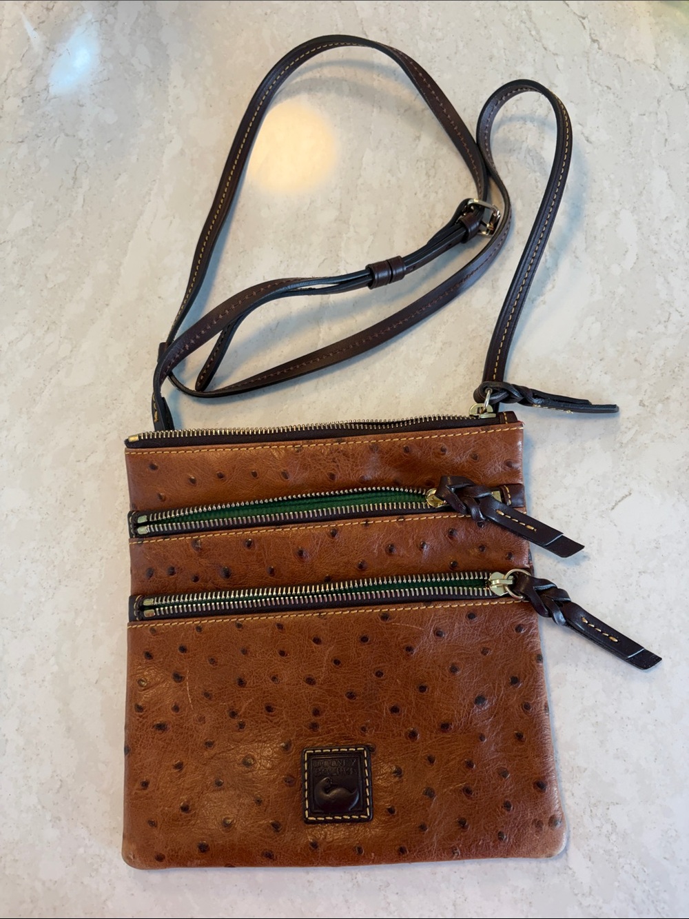 Dooney & Bourke Brown Ostrich-Embossed Crossbody with Dark Brown Strap 8x8